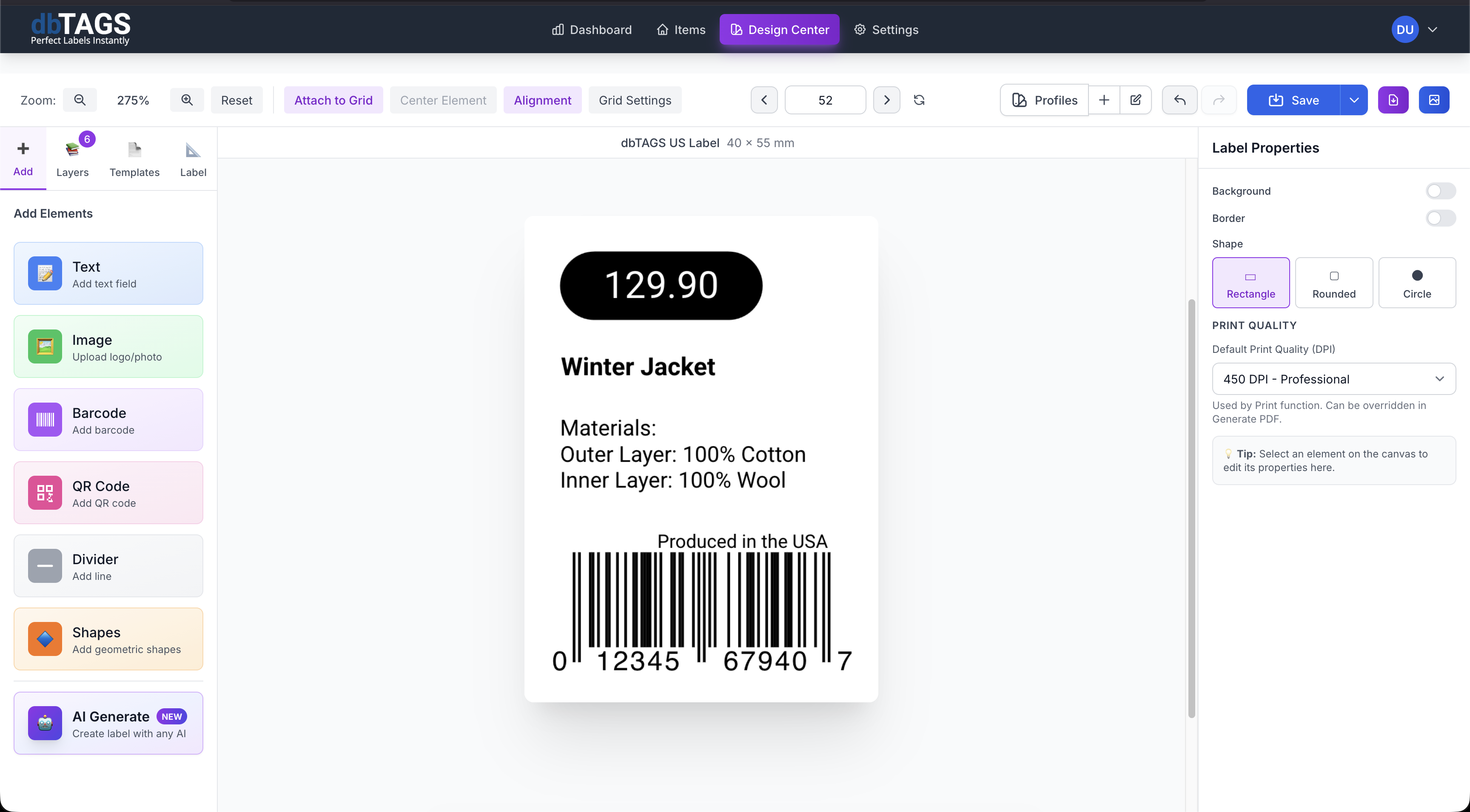 dbTAGS Design Center - Professional Label Designer with barcode, QR code, and text elements